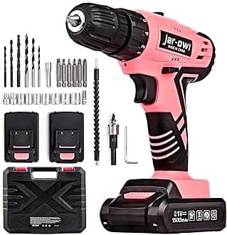 jar-owl 21V Pink Tool Set with Drill, Power Cordless Dril Driver Home Tool Set with 3/8 Inch Keyless Chuck,1.5AH 2PCS Battery and Charger for Lady's Home Repairing Tool Kit