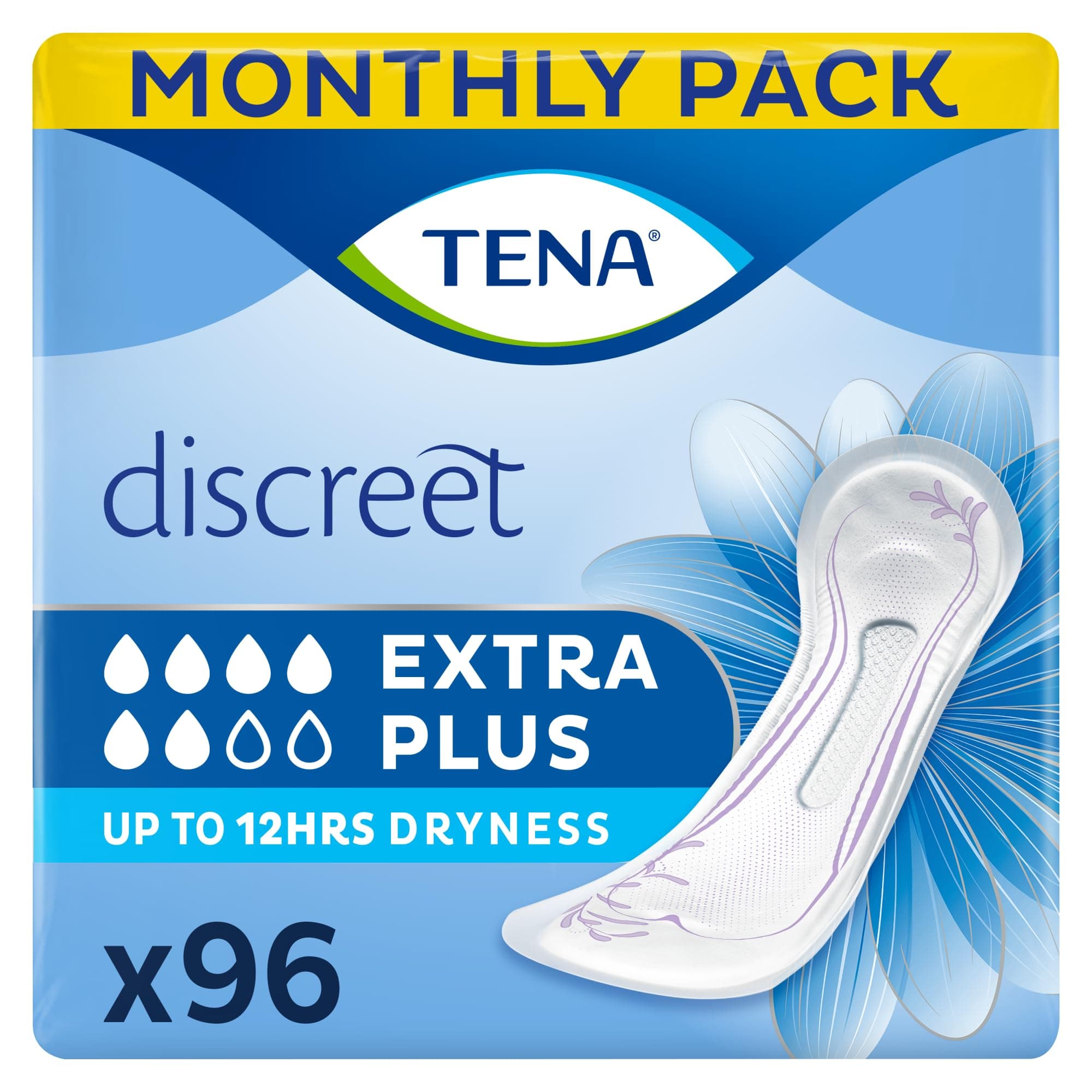 TENA Discreet Extra Plus, 96 Incontinence Pads Individually Wrapped, for Women with Medium to Heavy Bladder Weakness, Incontinence and Unpredictable Leaks, 16 count (Pack of 6)