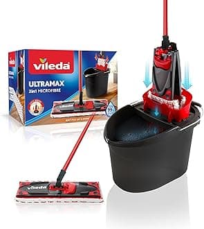 Vileda UltraMax Flat Mop and Bucket Set - Red, Hands-Free Wringing, Machine Washable Microfibre Flat Mop Head, 180° Swivel Head To Clean Hard to Reach Area’s, Suitable for All Hard Floor Types