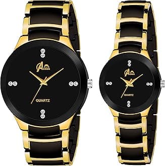 Premium Brand - Heavy Quality 3 Different Steel Plated Formal Analog Watches for Couple Pack of 2, Gold, Free, strap