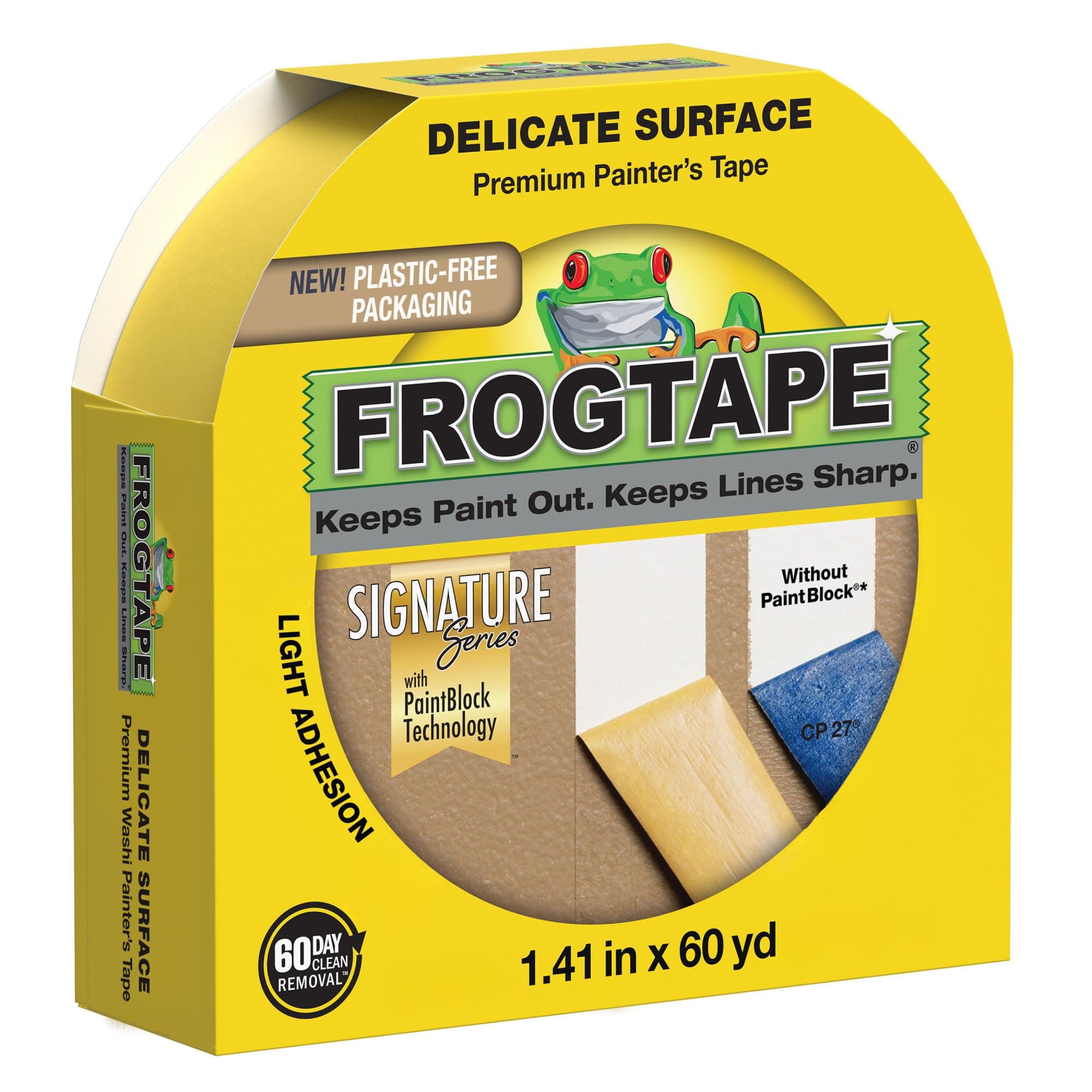 Delicate Surface Painters Tape with PAINTBLOCK, 1.5 Inch Wide (1.41 In. x 60 Yds), Low Adhesion, Ideal for Freshly Painted Walls, Trim & Surfaces, Yellow, 1 Roll (280221)