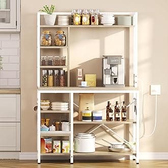 YITAHOME Microwave Stand Bakers Rack w Power Outlet, Coffee Bar Kitchen 39 Inch Large Freestanding Utility Storage Shelf for Appliance Spice Pot Pan w Thickened Counter 6 Hook, Oak & White