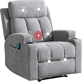 Phoenix Home Manual Recliner Chair with Massage and Heat Ergonomic Overstuffed Breathable Fabric Reclining Chair with 2 Side Pockets, 2 Cup Holders, Remote Control, Living Room, Bedroom, Gray