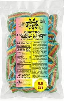 Sour Power Quattro Rainbow Candy Belts, 6.6 lb Bulk Bag (Pack of 3), Vegan Four Flavor Sour Candy Since 1985, Soft Chewy Sweet Tart, Non-GMO Gelatin Free