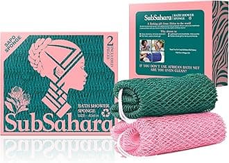 SubSahara Authentic African Net Sponge - 2 Pack Exfoliating Bath & Shower Loofah Sponge for Body & Face, Gentle Scrubber for All Skin Types, Travel, Durable (Ligh Pink & Teal)