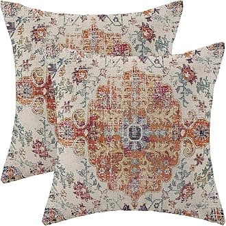 Burnt Orange Blue Boho Pillow Covers 16x16 Set of 2, Ethnic Design Decorative Throw Pillows Linen Carpet Pattern Farmhouse Cushion Pillow Covers for Sofa Couch Outdoor Decor