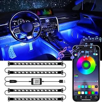 LivTee Accent Interior Car Lights, Smart Car Interior Lights with App Control, RGB LED Lights with Music Mode and DIY Mode, 2 Lines Design LED Lights for Cars with Charger, Car Accessories for Women
