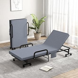 Giantex Folding Bed with Mattress, Foldable Portable Guest Bed w/Adjustable 6 Position & Side Storage Pocket, 660 LBS Fold up Bed on Wheels for Home, Roll Away Beds with Mattresses for Adults, Grey