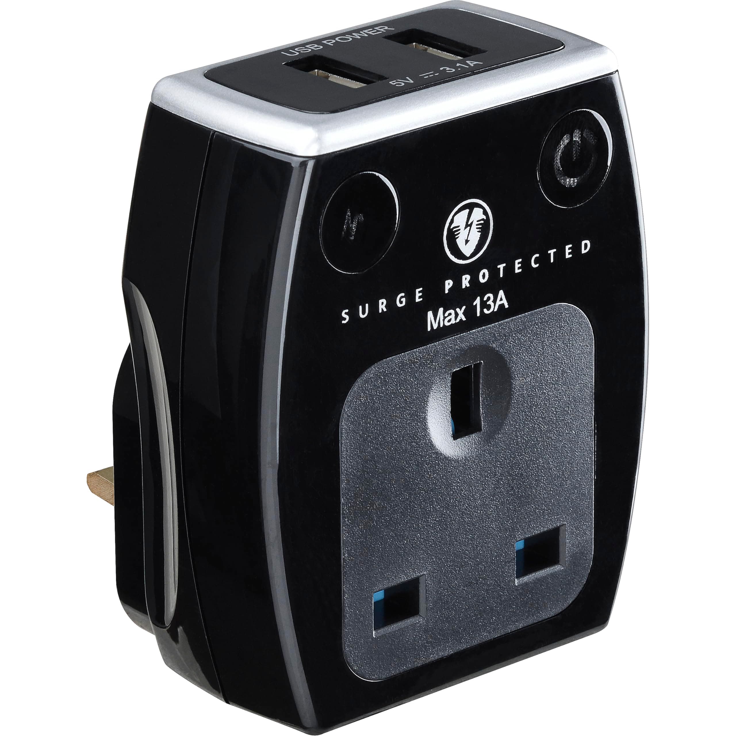 Masterplug Single Socket Surge Protected Power Adaptor with Two USB Charging Points, 3.1 Amps, Gloss Black