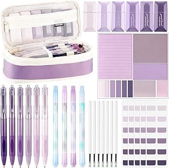Janlaugh 38 Pcs Aesthetic College School Supplies with Pen Case Sticky Notes Gel Pens Highlighters Correction Tapes Back to School Stationery Kit(Purple Color,Classic)