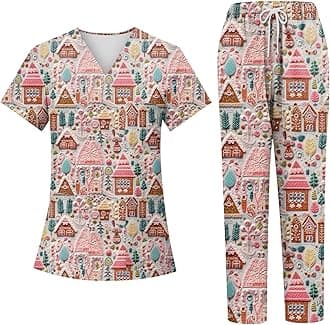 Generic Christmas Scrubs Set for Women Nurse Uniform Top & Pants with Multi Pocket for Nurse Esthetician Workwear