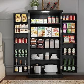 Kitchen Pantry Storage Cabinets -50" LED Food Cabinets Cupboards with 2 Doors and Shelves Adjustable for Small Space in Dinning Room, Living Room, in Black