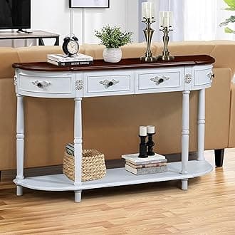 Knocbel 52in Sofa Console Table with 2 Storage Drawers and Bottom Slatted Shelf, Entry Hallway Foyer Long Retro Curved Table with Legs, 13" D x 52" W x 32" H Antique White