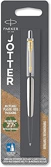 Parker Jotter Ballpoint Pen | Stainless Steel with Golden Trim | Medium Point Blue Ink