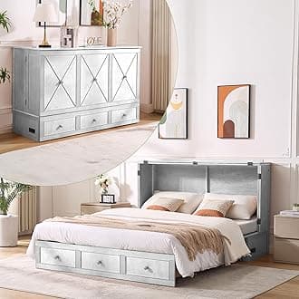 Murphy Bed Queen, Pine Wood Queen Murphy Bed,Cubic Cabinet Beds Queen Size with Thick Tri-Folding Mattress,Storage Drawer & USB Charging Station for Living Room Apartment (White 2#)