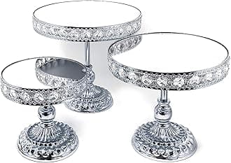 allgala HD89209 3 Piece Set Crystal Silver Chrome Plated Cheese Dessert Cupcake Cake Stand with Mirror Plate (Silver Round with Bases)