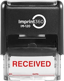 AS-IMP1104R - Received Stamp with by: & Date:, Red Ink, Heavy Duty Commerical Self-Inking Rubber Stamp, 9/16" x 1-1/2" Impression