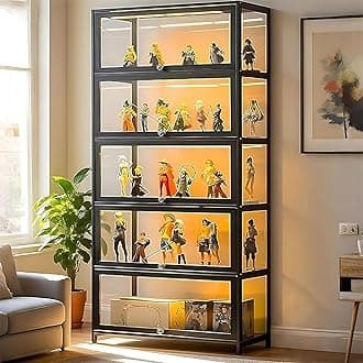 5-Tier Display Cabinet with Acrylic Glass Door, 65.5" High Display Case, Transparent Curio Cabinet&Bookcase for Collectibles, Toys, Books, for Playroom, Bedroom, Study Room (Black FILP Door)