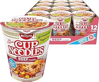 Cup Noodles Soup, Beef Flavor, Microwaveable Paper Cups, Instant Ramen, 2.25 Ounce (Pack of 12)