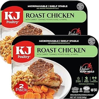 KJ Poultry Kosher Ready Meals - Bone In Chicken & Kugel, MRE Meat Meals Ready to Eat, Shabbos Food, Halal, (2 Pack) Prepared Entree Fully Cooked, Shelf Stable Microwave Dinner Travel Military Camping