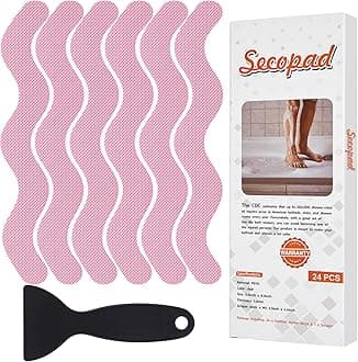 Secopad Anti Slip Shower Stickers, Adhesive Decals Safety Strips with Scraper for Bath Tub, Shower Floor, Stairs, 24 Pieces (Pink)