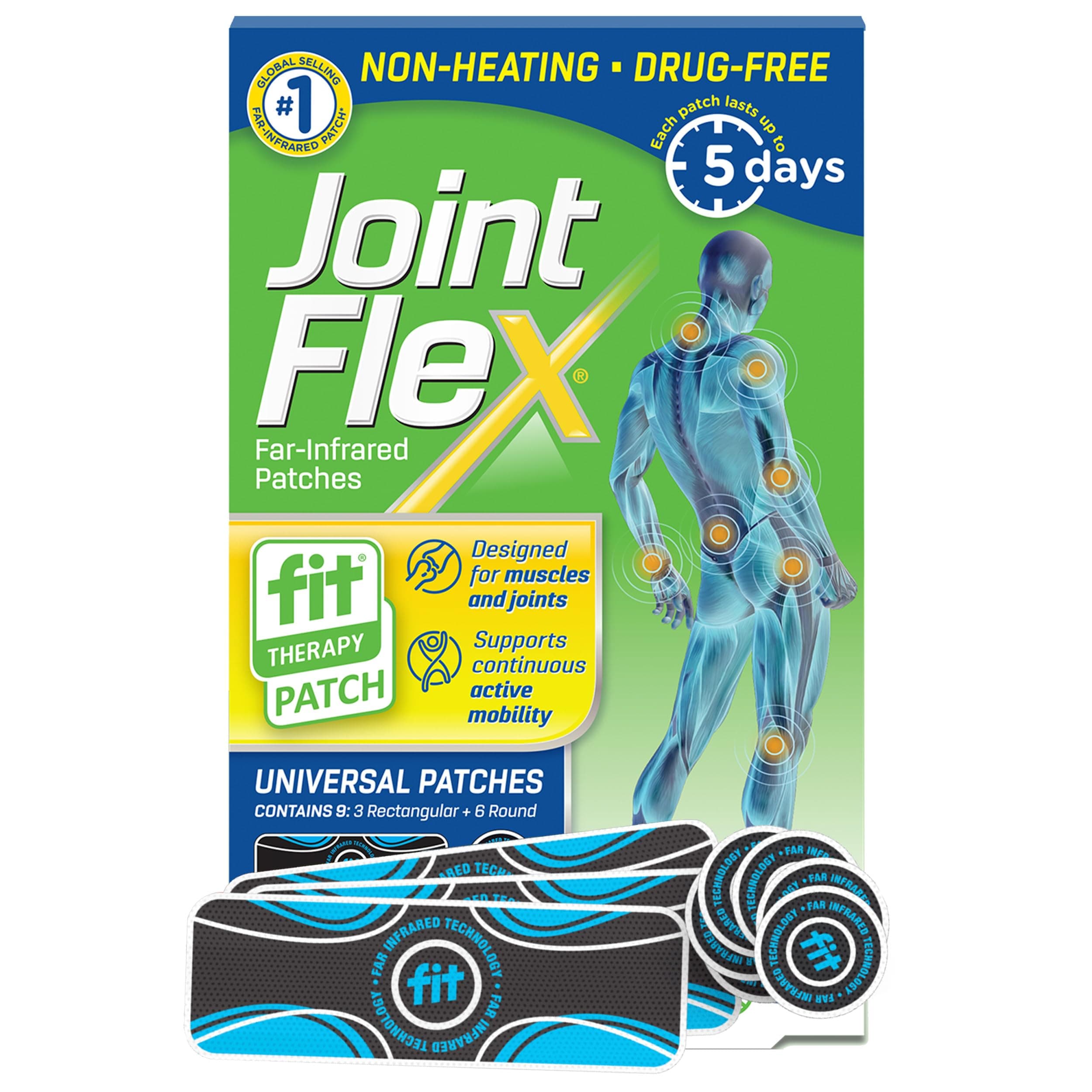 JointFlex FIT Therapy Far Infrared Universal Patch, Supports Continuous Active Mobility for Muscles & Joints, up to 5 Days/Patch, Water Resistant, Non-Heating, Drug-Free, 9-ct, 3 Rectangular/6 Round