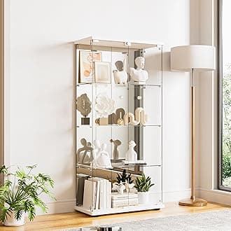 Glass Display Cabinet 4-Shelf with Door, Lock and Mirror,4mm Tempered Glass Floor-to-Ceiling Glass Bookcase for Bedroom, Living Room, White