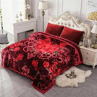 JML Korean Style Fleece Blanket King, 87"x94", 10.5 Pounds, Plush Raschel Fleece Heavy Blanket for Winter, 2 Ply, A&B Floral Printed with Embossing Pattern, Silky Soft Thick Warm (Burgundy Roses)