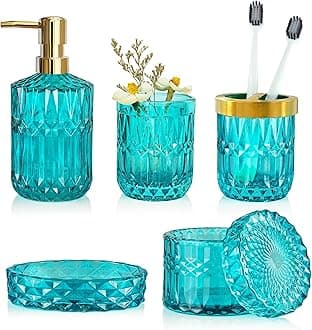 Teal Blue Bathroom Accessories Set, 5Pcs Clear Glass Bathroom Accessories, Hand Soap Dispenser Set, Soap Dish, Toothbrush Holder, Tumbler, Qtip Holder for Crystal Vantage Bathroom Decor