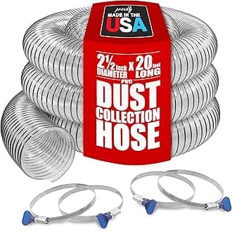 PVC Dust Collection Hose w/4 Thumbscrew Clamps, Puncture Resistant, Carbon Steel Wire, Clear Flexible PVC Dust Collector Hose, Proudly Made in USA (2 1/2" x 20')