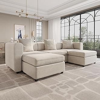115.74" U Shaped Modular Sectional Sofa with 3 Pillows, Upholstered Sectional Couches for Living Room, Modern Comfy 5-Seater Couch with Storage Ottoman, Deep Seat Sofa with Chaise, Beige