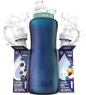 Cirkul 32oz. Chameleon Stainless Steel Water Bottle Starter Kit with Green Lid, 2 Flavor Cartridges (1 LifeSip Blackberry Blueberry, 1 GoSip Berry Blue Punch) No Sugar, Zero Calorie Drink Mix