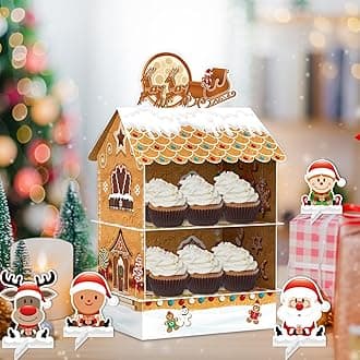 Kalefo Christmas Dessert Donut Stand Xmas Party Decorations Gingerbread House Santa Reindeer Party Supplies Holiday Favors Cupcake Stand Table Decor (Brown)