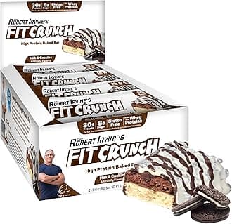 Fit Crunch Protein Bars, Designed by Robert Irvine, Protein Bar, Gluten Free, Award Winning Taste, Whey Protein Isolate, Low Sugar (12 Count, Milk & Cookies)