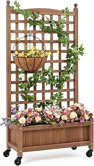 Yaheetech Raised Bed Fir Wood Raised Garden Bed Raised Planter Box for Vine Climbing Plants with Trellis and Wheels for Vegetable Flower Herbs