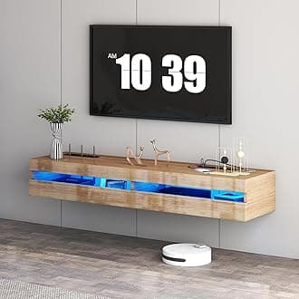Floating TV Stand, Wall Mounted TV Shelf with Led Lights & Power Outlet, 46.5" Modern Entertainment Center Media Console with Storage, High Gloss TV Cabinet for 65/75/80 inch TV (Glossy Wood)