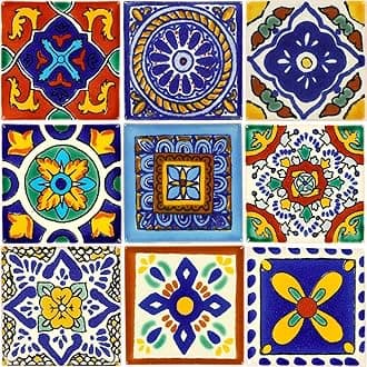 Tile Set of 9 Individual 2x2 Mixed Ceramic Talavera Mexican Tiles