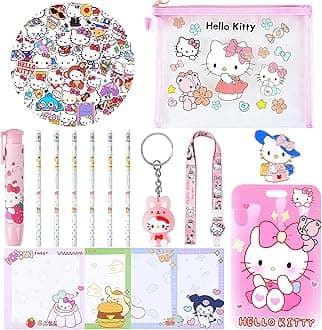 Cute School Supplies, Kawaii Stationary Set, Including Hello Kitty Stickers, Pencils, Pen-Style Eraser, Sticky Note, Lanyard with ID Badge, Back to School Gift for Girls Boys Kids
