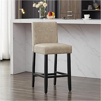 26'' Faux Leather Bar Stools, Modern Upholstered Bar Height Bar Chairs, Soild Wood Legs Barstools with Back, Beige