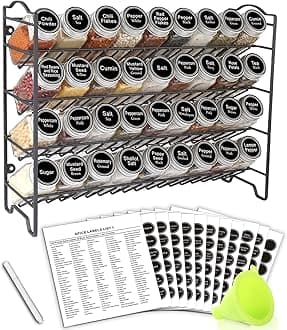 SWOMMOLY Spice Rack Organizer with 36 Empty Square Spice Jars, 396 Spice Labels with Chalk Marker and Funnel Complete Set, for Countertop, Cabinet or Wall Mount, Black