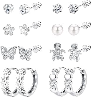 THUNARAZHypoallergenic Screwback Earrings Studs for Girls Women 316L Stainless Steel Cute Heart Hoop Earrings CZ Butterfly Turtle Screw Back Stud Earrings 20G