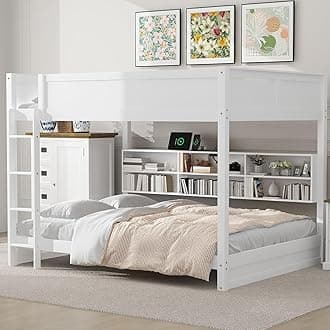 Queen Over Queen Bunk Bed with Storage and USB Ports,Wooden Bunker Bed Frame and Underneath Bookshelf,No Box Spring Needed,Kids,Adults-White