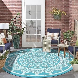 Bsmathom Waterproof Outdoor Rug 6ft Round Reversible Boho Plastic Straw Patio Deck Camping Rugs, Indoor Outdoor Portable RV Mat Carpet for Outside, Porch, Balcony, Backyard, Beach, Pool,Flower Teal