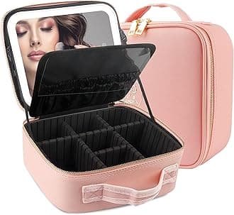 MOMIRA Makeup Train Case with Light & Mirror Large Cosmetic Organizer with Adjustable Dividers for Cosmetics,10X Magnifying Makeup Mirror,Pink