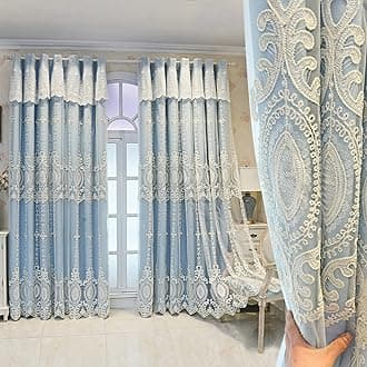 Blackout Curtains Double Layer Window Curtain-European Style lace Embroidery Double Deck Blackout Tulle Curtain,Living Room Layered Eyelet Drapes Valance Panel,Girl Be