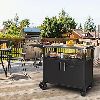 ShintenchiOutdoor Grill Cart Table with Stainless Steel Top for Kitchen Prep and BBQ, Outdoor Kitchen Island Table with Side Handle, Multifunctional Outdoor Grill Table, Black
