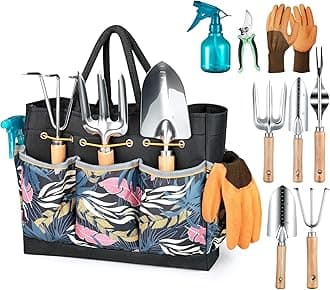 Grenebo Gardening Tools 9-Piece Heavy Duty Garden Hand Tools with Fashion and Durable Garden Tools Organizer Handbag, Rust-Proof Garden Tool Set, Ideal Gardening Gifts for Women