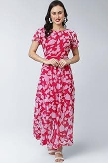 Women's Georgette Digital Printed Maxi Dress for Women (Dress 39 Neon Pink L)