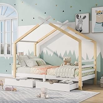 BTM Kids Toddler Beds with Storage Underneath - 3FT Single Bed with Solid Pine Wood House Tree Canopy for Girls and Boys