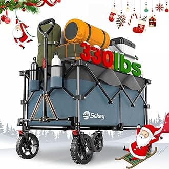 Sekey 220L Collapsible Foldable Wagon with 330lbs Weight Capacity, Heavy Duty Folding Wagon Cart with Big All-Terrain Wheels & Drink Holders (Blue&Grey)
